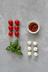 A colorful flat lay with ingredients of Caprese salad on a grey background
