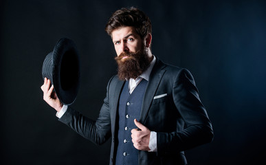 Secret shy. Male formal fashion. Detective in hat. Mature hipster with beard. brutal caucasian...