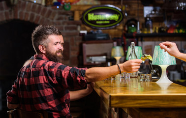 Cash money concept. Leave tips for bartender. Tip given to waiter. One more alcohol cocktail. Man hold dollar money cash at bar counter. Cash payment. Ordering drinks in bar. Purchase and payment