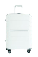 White suitcase isolated on white background. Polycarbonate suitcase isolated on white. White suitcase