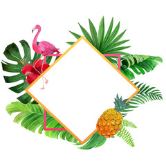 flamingo with summer jungle tropical leaves frame template card © Meltthemoment
