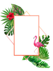 flamingo with summer jungle tropical leaves frame template card © Meltthemoment