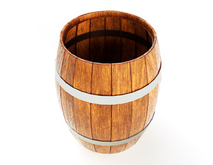 Fototapeta premium Wooden barrel with iron hoops isolated on white background. 3d rendering. Old barrel with rust on the hoops. Front view