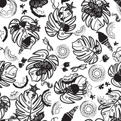 Black and white beach summer vacation seamless pattern. Vector background.