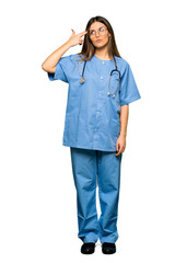 Full body of Young nurse with problems making suicide gesture