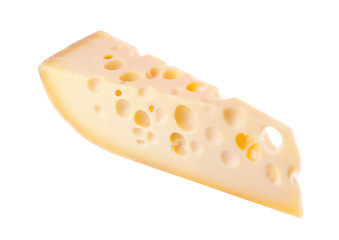 A piece of cheese, fresh and fragrant. There are a lot of holes. Separate on a white background. View from above.