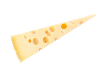 A piece of cheese, fresh and fragrant. There are a lot of holes. Separate on a white background. View from above.