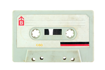 Close up of vintage audio cassette, isolated on white background