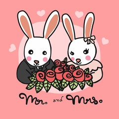 Mr. and Mrs. white rabbit wedding cartoon vector illustration