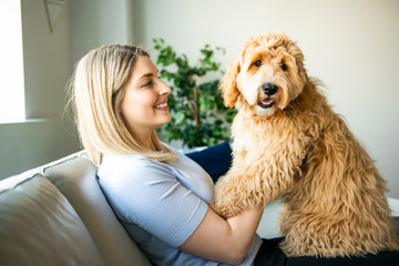 woman with his Golden Labradoodle dog at home