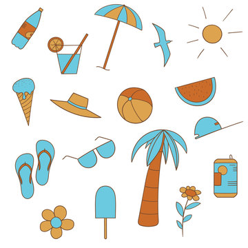 Set of colorful summer icons in white background