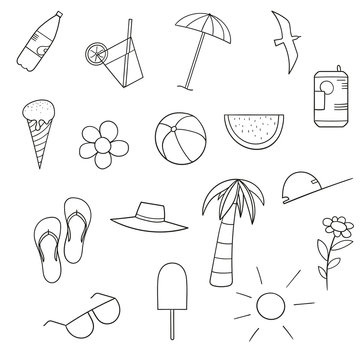 Set of outlined summer icons in white background