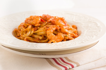 Spicy prawn linguine pasta in a chili and tomato sauce