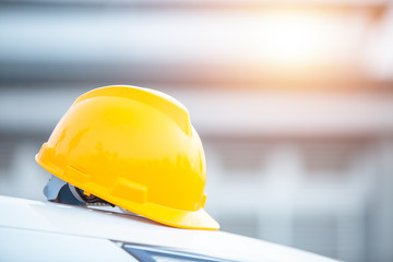 Safety Helmet Engineering Construction worker equipment, helmet in construction site and construction site worker background safety first concept