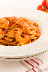 Spicy prawn linguine pasta in a chili and tomato sauce