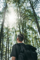 Hiker with backpack in a beautiful green forest with sunlight, climbing and looking up confident 