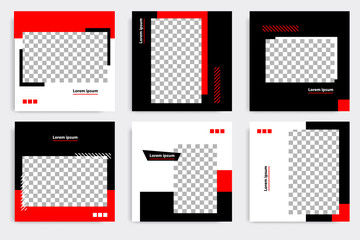 Black red minimal design background vector illustration in white frame color. Editable square abstract vintage, geometric strip line shape banner template for social media post, stories, story, flyer.