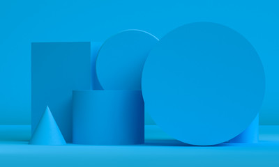 Blue Scene with geometrical forms, minimal abstract  background,3D render