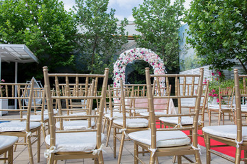 The wedding venue with a flower arch 