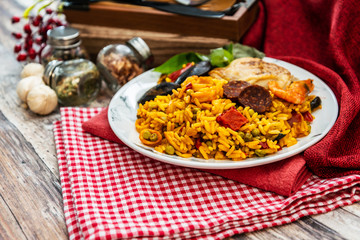 Prawn with rice - closeup of prawn with rice - traditionnal spanish food paella