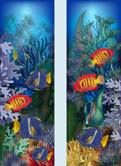 Fototapeta na wymiar Underwater vertical banners with tropical fish, vector illustration