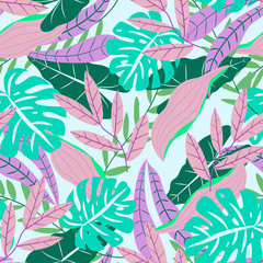 Original seamless pattern with tropical leaves on a delicate background. Vector design. Flat jungle print. Floral background.