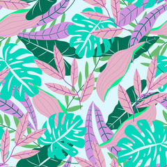 Original seamless pattern with tropical leaves on a delicate background. Vector design. Flat jungle print. Floral background.