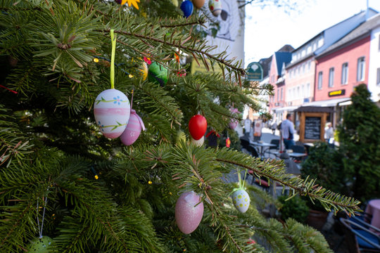 Ostereier an einem Tannebaum im Fr&uuml;hling in Bad M&uuml;nstereifel.