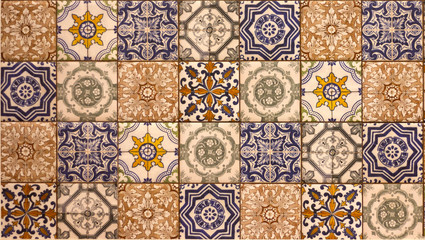 wall of multicolored tiles with ethnic patterns pottery retro