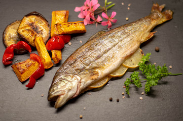 Grilled fish and vegetables