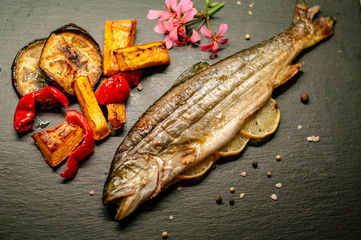 Grilled fish and vegetables