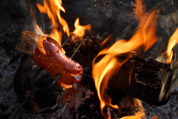 Czech Traditional barbecue sausages on a stick, roasted on a campfire - typical czech outdoor activity with friends or family