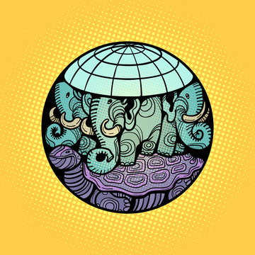 disc planet earth rests on an elephant, and a turtle