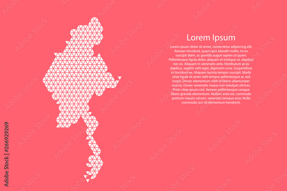 Poster myanmar map abstract schematic from white triangles repeating pattern geometric on pink coral color 