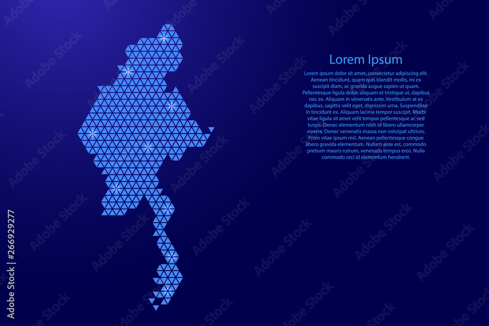 Poster myanmar map abstract schematic from blue triangles repeating pattern geometric background with nodes