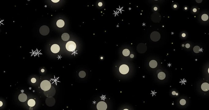 White snowflakes, golden confetti and bokeh lights on the black Christmas background. 3D render image with alpha channel