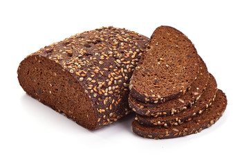 Freshly baked wholemeal rye bread with slices, close-up, isolated on white background