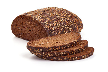 Freshly baked rye bread with slices, close-up, isolated on white background