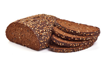 Freshly baked rye bread with slices, close-up, isolated on white background