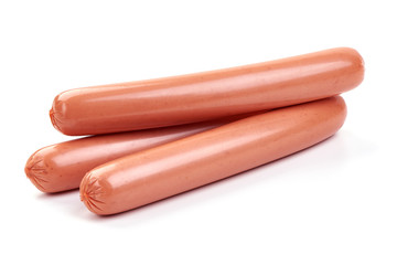 Fresh boiled sausage, close-up, isolated on white background.