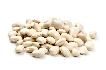 White dry beans, close-up, isolated on white background