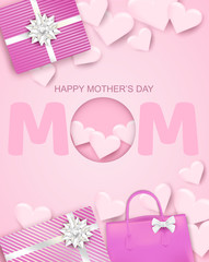 Happy Mother's day. Design with gift box, bag and heart on soft pink background. light and shadow . Vector.