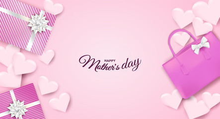 Fototapeta na wymiar Happy Mother's day. Design with gift box, bag and heart on soft pink background. light and shadow . Vector.