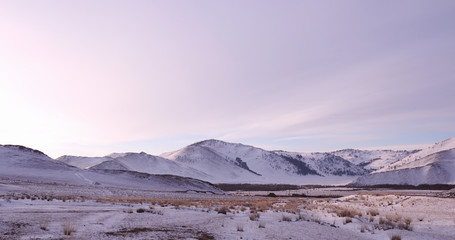 Early morning sunrise in Tazheran steppes. Snow-covered hills are colored in shades of ultra-violet. Photo toned.