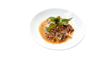 Thai spicy minced pork salad and basil on plate