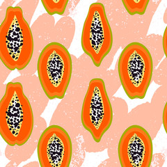 Seamless fashion pattern with papaya fruits and abstract background. Healthy eating. Vector texture for textile, postcard, wrapping paper, packaging etc. Vector illustration.