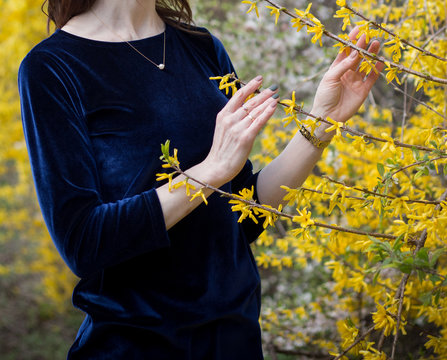 Girl In A Blue Velvet Dress In Nature