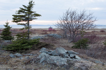 Small pink wooden octogonal kiosk seen in the distance on rocky coast covered in dry grass, shrubs and trees during a cloudy spring evening, Cacouna, Quebec, Canada