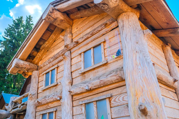 Ecological wooden house. Wooden house with meadow in front of it. Beautiful modern wooden house.