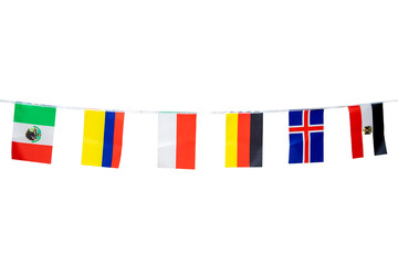 Triangle flags of various countries hanging on the rope